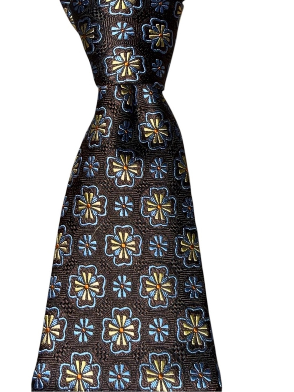 Paul Fredrick 100% silk tie brown with blue and yellow floral pattern